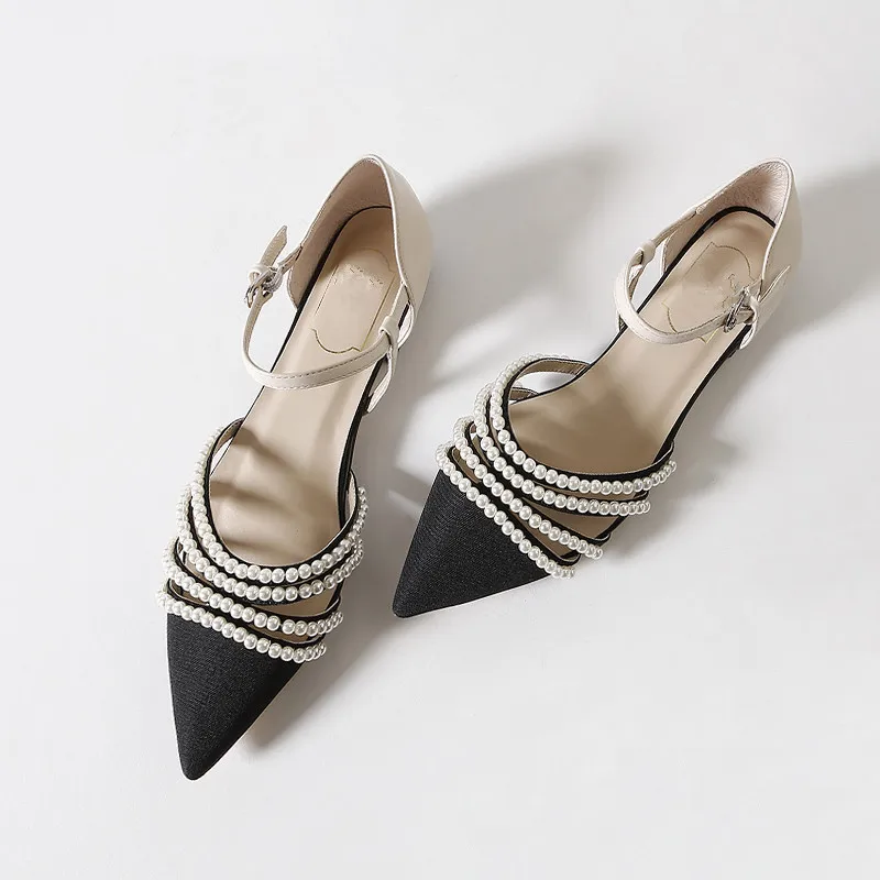 

Sandals Women Summer Autumn Closed Toe Low Heels Pointed Toe Cozy Ladies Shoes Gladiator Pearls Buckle String Bead Zapatos Mujer