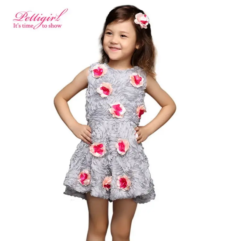

Pettigirl Princess Summer Dresses Gray Flower Girls Dress Rose Pleat Elegant Children Toddler Baby Party for Kids Clothes
