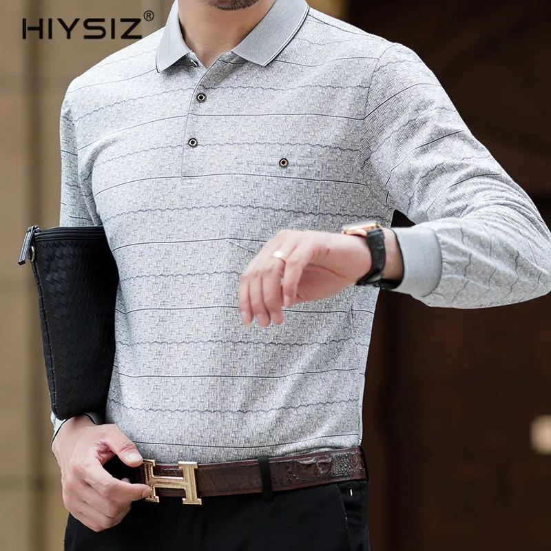 

HIYSIZ T-Shirt Men 2019 Long Sleeves Casual Streetwear Autumn Turn-down Collar Tops Brand Striped Pocket Fashion Tshirt LT022