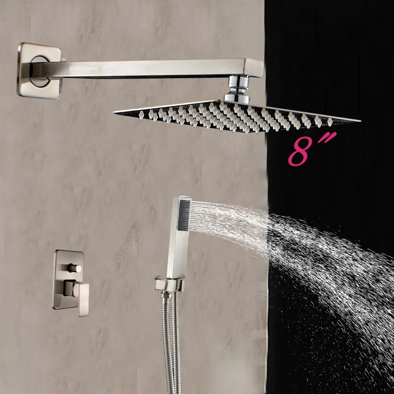 

Contemporary Wall Mounted 8" Brushed Nickle Square Shower Head W/ Hand Shower Sprayer