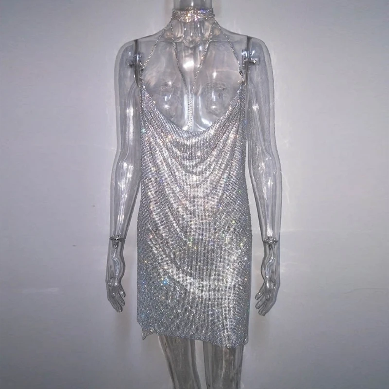 Летнее платье с кристаллами и бриллиантами, с открытой спиной, с воротником-чокером, с блестками, платье для женщин, с блестками, с разрезом сбоку, сексуальное платье, с бретелькой через шею, винтажные платья для вечеринок - Цвет: Серебристый