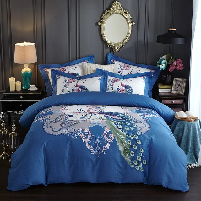 Elegant Peacock Pattern Blue Bedding Set Queen King Size Duvet Cover