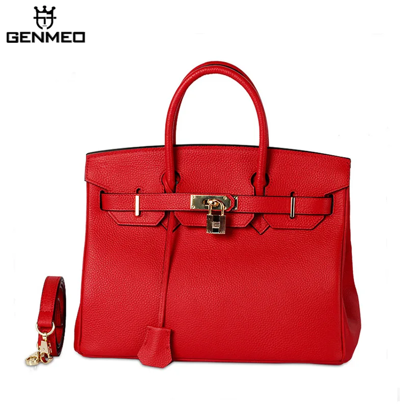 

GENMEO New Arrival Genuine Leather Handbag 25cm Women Fashion Cow Leather Shoulder Bag Female Famous Design Tote Bags Bolsa