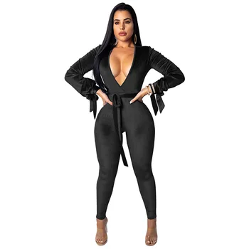 

2019 Sexy Bodycon Elegant V-Neck Jumpsuit Women Backless Velvet Playsuit Lace Up Overalls
