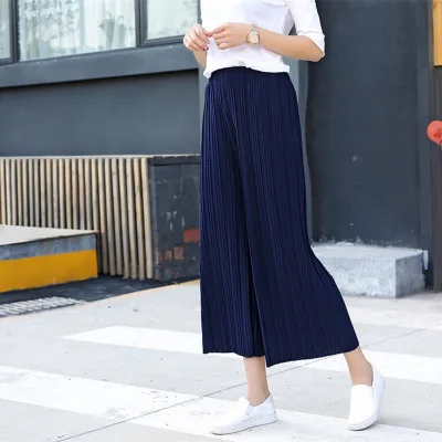 Женские широкие брюки, одноцветные женские брюки с высокой талией, плиссированные тонкие шифоновые размера плюс, Повседневная Женская юбка-брюки - Цвет: Navy blue