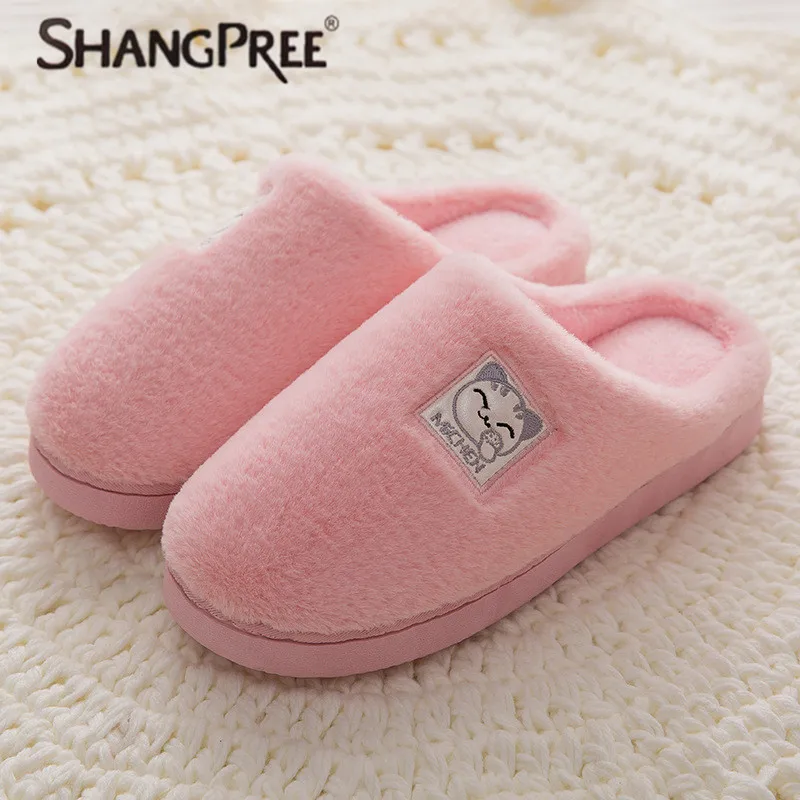 

SHANGPREE 2018 New Lovely Women Flip Flop Cute Cat Shape Home Floor Soft Stripe Slippers Female Shoes Winter Spring Warm Shoes