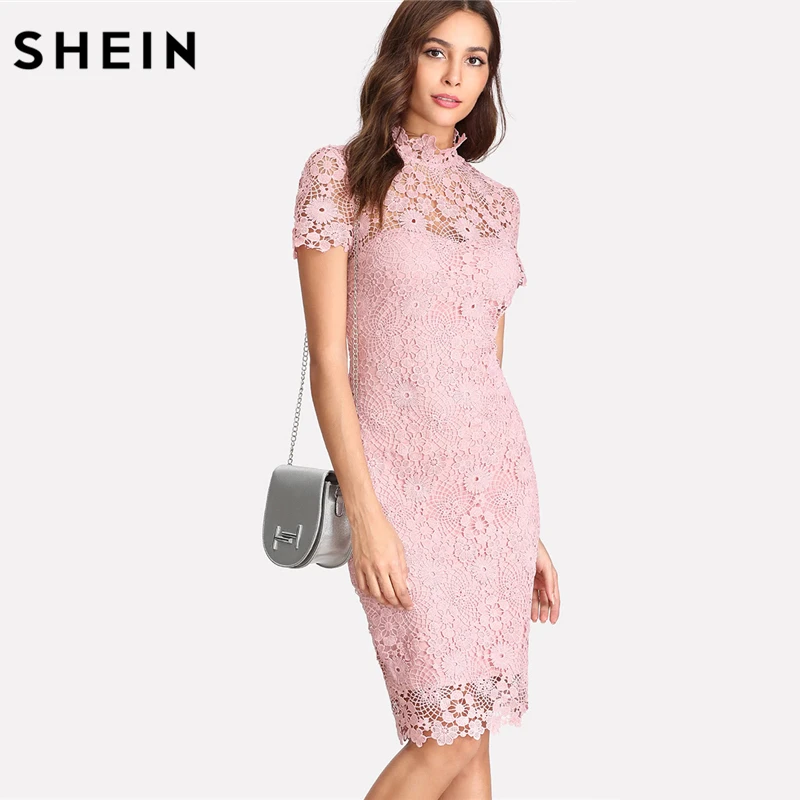 SHEIN Elegant Dress Knee Length Party Dresses Pink Short Sleeve Stand