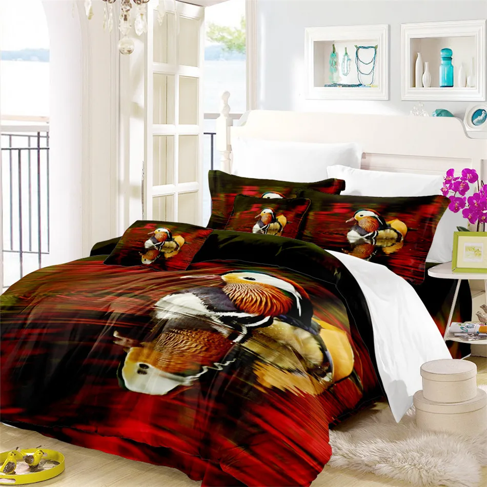 3D Couples Bedding Set Colorful Mandarin Duck Print Duvet Cover Set Chinese Style Lovers