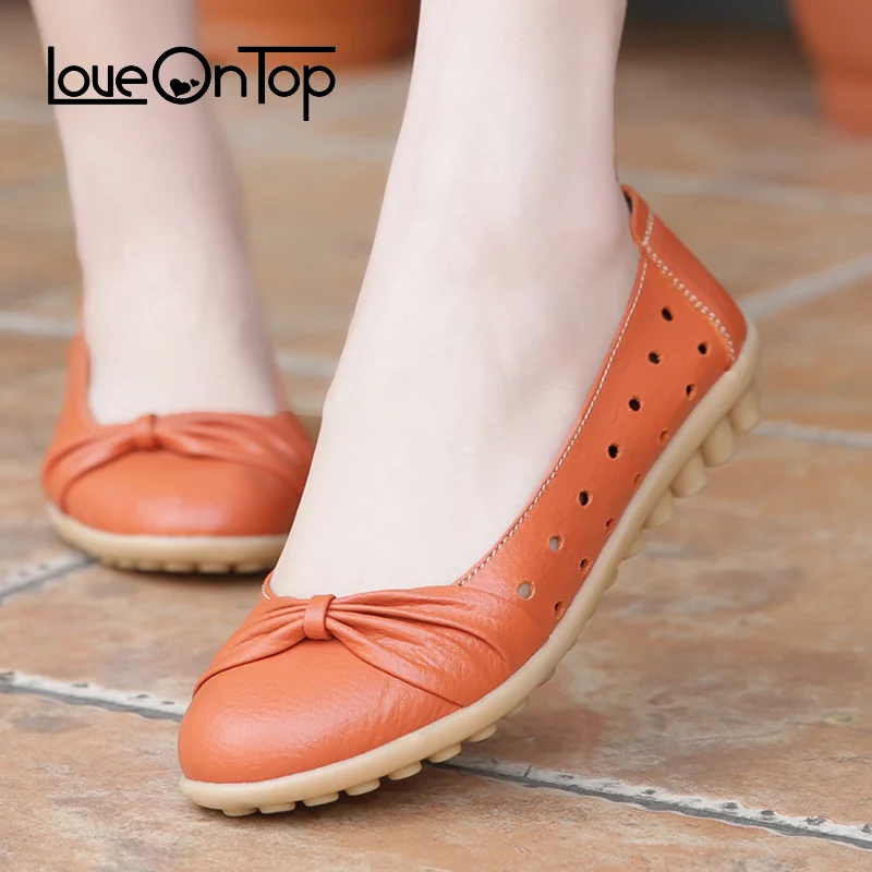 

Loveontop 2018 Summer Women Ballet Flats Loafers Genuine Leather female Slip On Shoes Woman Casual Butterfly-knot Flat moccasin