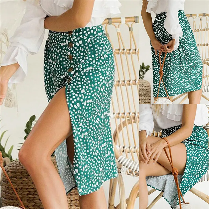 

2019 Skirts Womens High Waist Split Midi Skirts Button Green Leopard Dot Print Summer Skirt Sexy High Fashion Boho Skirt FD