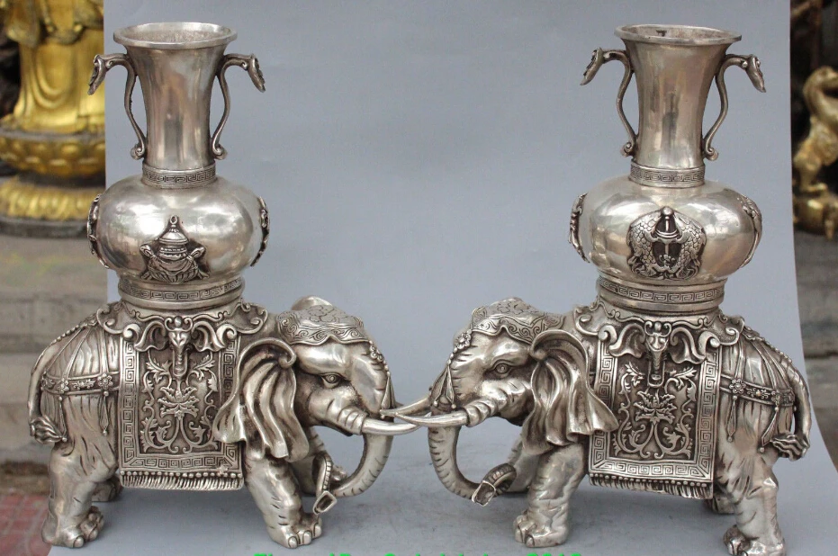 

004155 Chinese Silver Auspicious Animal Elephant zun Vase 8 symbols Ru Yi Pair Statue