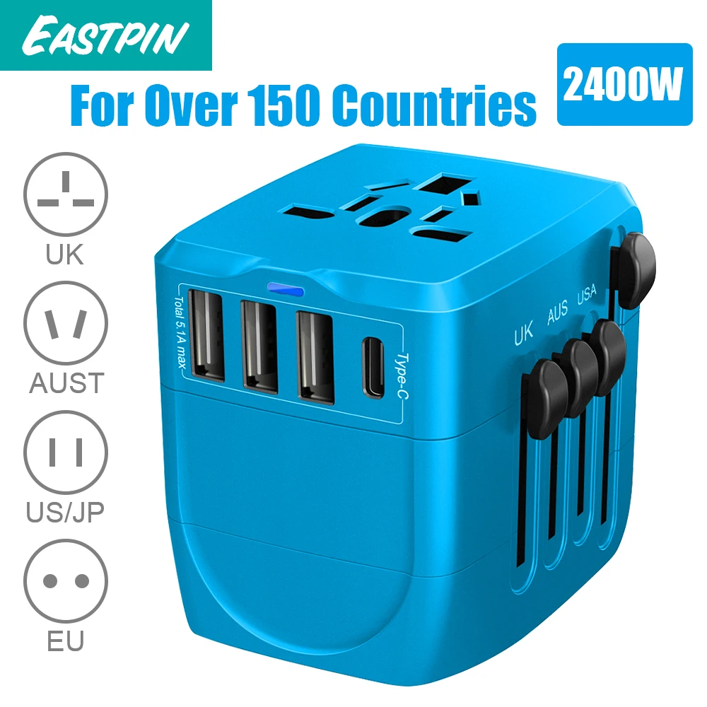 

2400W International Travel Power Adapter, Universal 1 Smart Type-C&3 USB All in One Power Plug Adapter for High Power Appliances