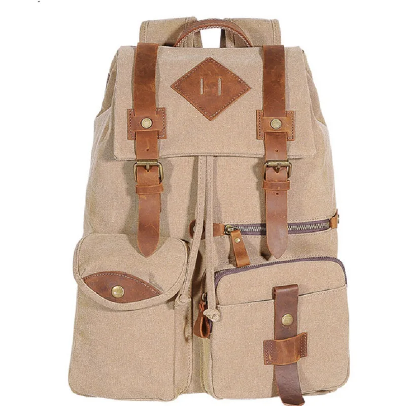 

M248 New Men's Canvas Leather Real Cow Multi-Function Vintage Travel Backpack Tote School Bag Portable Carry Case Rucksacks