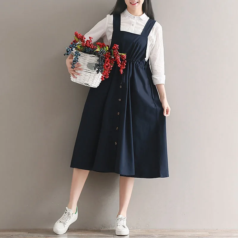 

Mferlier Autumn Women Button Dress Sleeveless Vintage Navy Blue Cotton Casual Loose Spaghetti Strap Female A Line Dresses