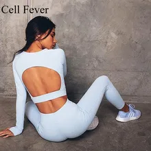 Женский спортивный костюм, комплект из 2 предметов, одежда для спортзала и тренировок, топ с открытой спиной и длинным рукавом для фитнеса+ леггинсы, комплект для йоги, спортивный костюм