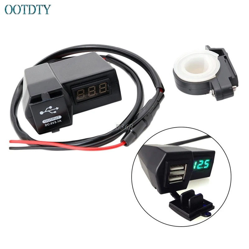 

2 USB Motorcycle Power Socket Charger With Green LED Voltage Voltmeter 3.1A