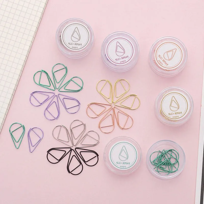 

10PCS boxed metal material water drop shape funny paper clip kawaii bookmark office stationery marker clip 6 color selection