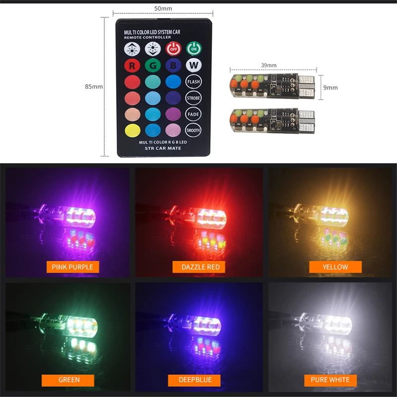 

2PCS RGB LED 12V T10 LED RGB 5050 6SMD Universal Car Atmosphere Lamp Remote Controller Reading Headlight Wedge Decoration Light