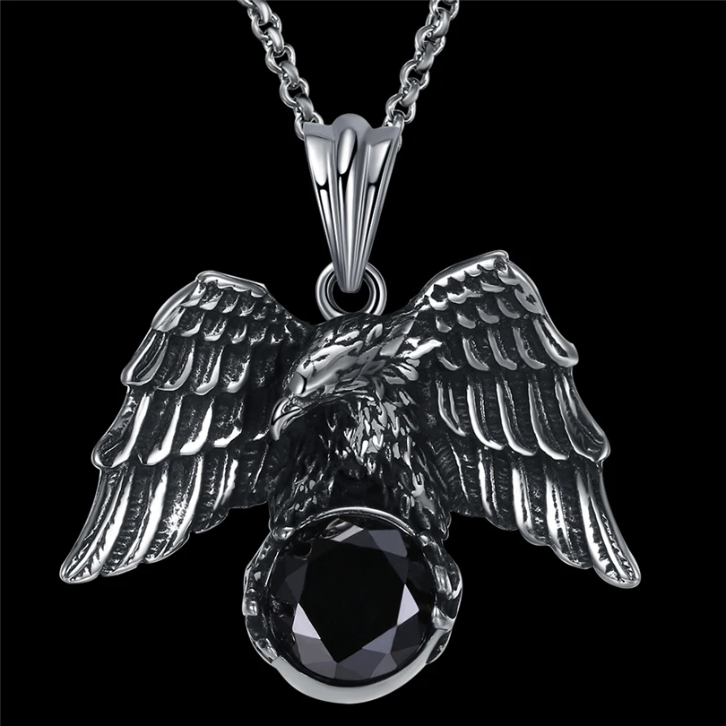 

Silver Color Eagle with Black Zircon Pendant Necklace Mens Titanium Steel Jewelry Vintage Cool Collier Fashion Accessories Male