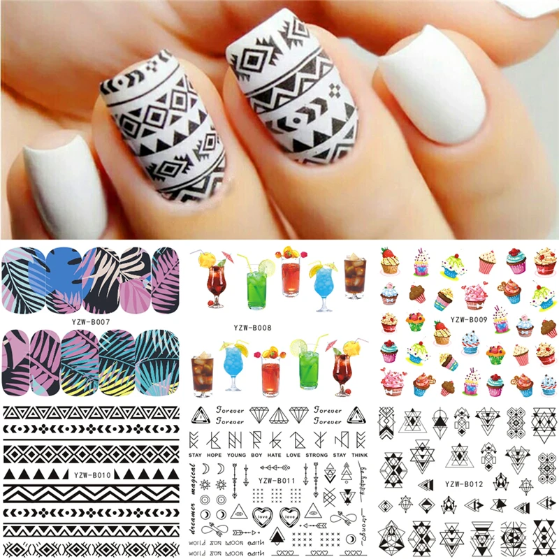 

6 Designs/Set Delicious Cake Drink Leaves Shell Negative Space Pattern Nail Art Sticker Chocolate Water Transfer Decal Decor