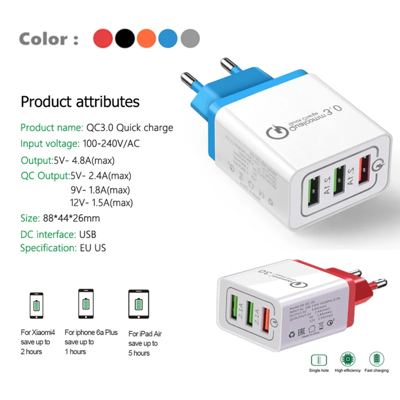 

3 Ports Quick Charger QC 3.0 12V 1.5A USB Charger For iphone XS Max XR 8 7 Plus for Samsung Huawei Xiaomi Fast Charger QC3.0