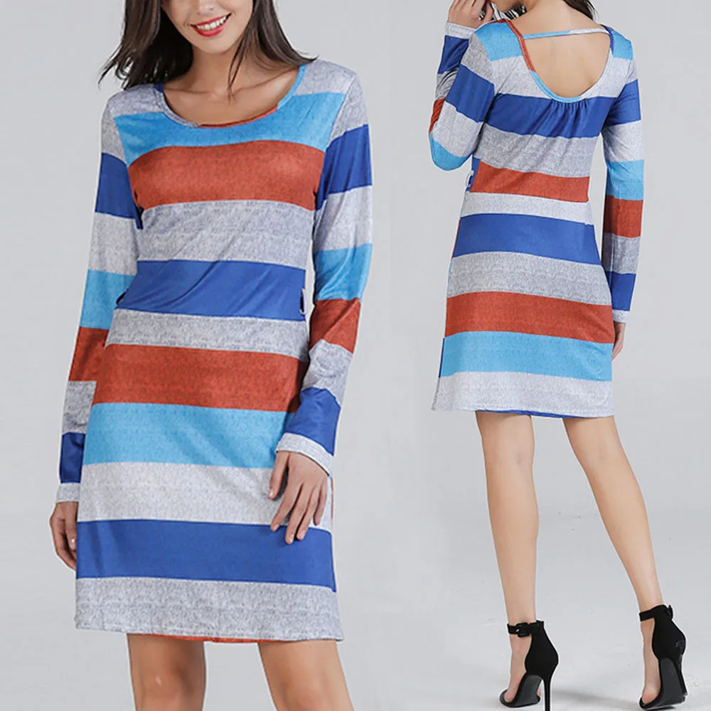 Fashion Round Neck Striped Mini Dress