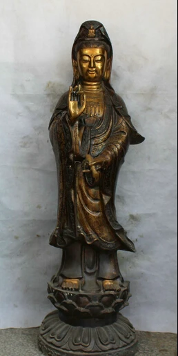 

JP S0524 40 Chinese Bronze Gild Stand Vase Kwan-yin Guan Yin Boddhisattva Goddess Statue