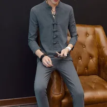 Мужские пижамы, весна и осень, длинный рукав, хлопок, лен, Ретро стиль, кнопка, Мужская пижама для отдыха, пижамный комплект, брюки, M-5XL