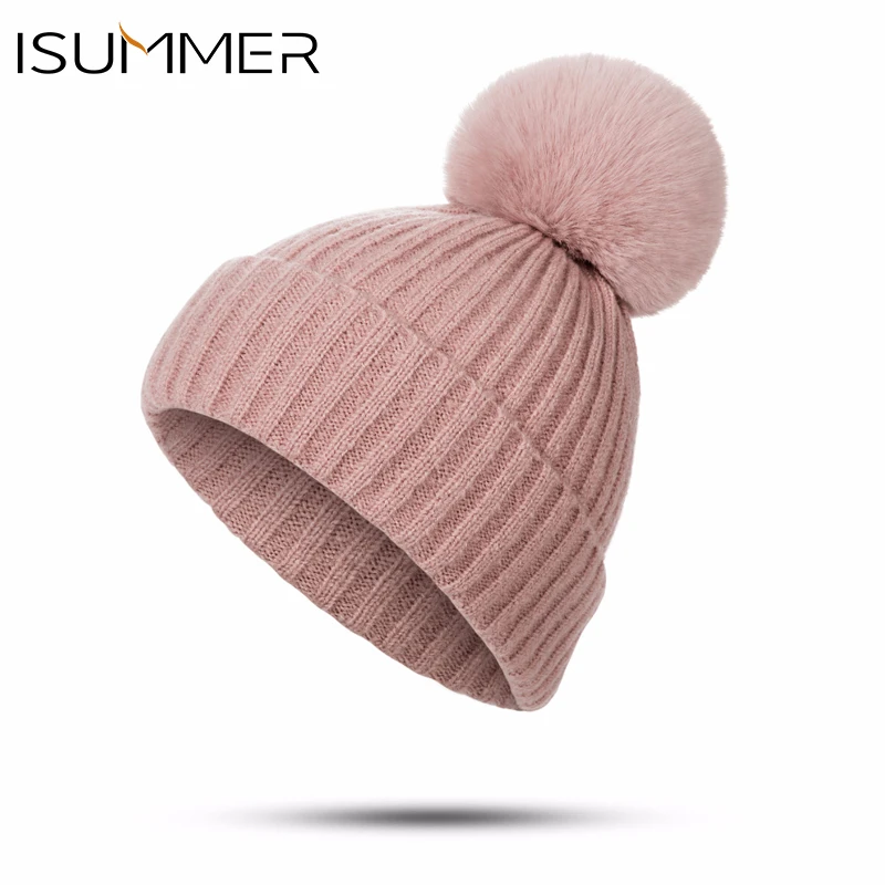 

ISummer 2019 New Winter Adult Pom-Poms Cap Women Fashion Cute Plus Velvet Thick Knit Fur Ball Cap Caramel Color Purple Wholesale
