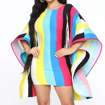 

Rainbow Striped Patchwork Big Batwing Sleeve Sexy Backless Party Short Dress O Neck Holiday Boho Dress Bodycon Dresses Vestidos