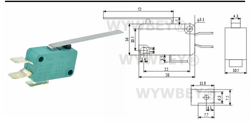 Микро концевые переключатели 16A 250V 125V NO+ NC+ COM 6,3mm 3 штифта SPDT микро переключатель 28 мм 52 мм дуговой роликовый рычаг сенсорный переключатель микропереключатель