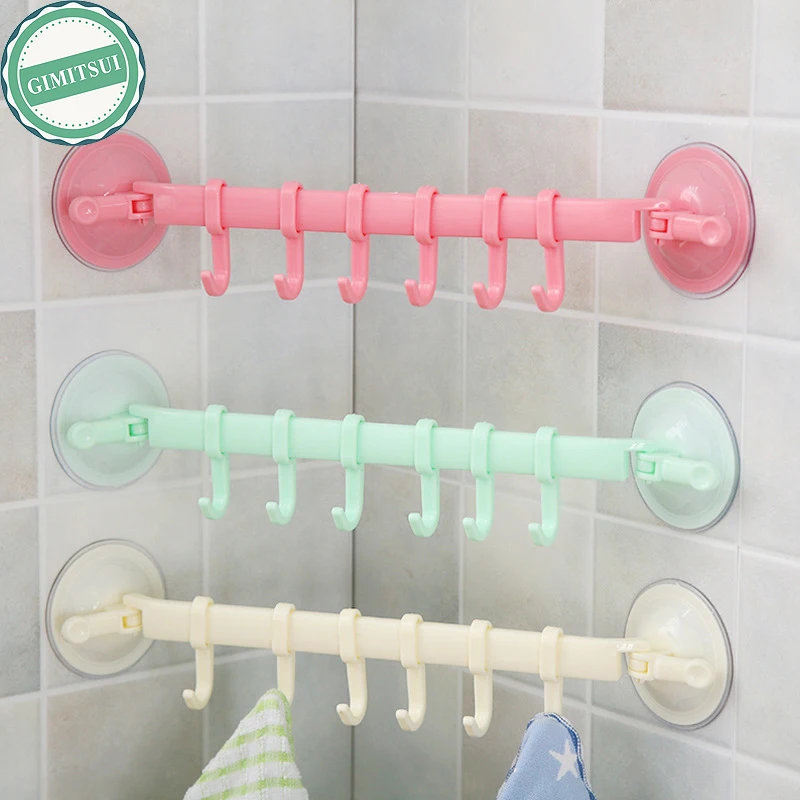 Towel Holder Rack Wall Suction Cup 6 Hooks Bathroom Kitchen Door Wall