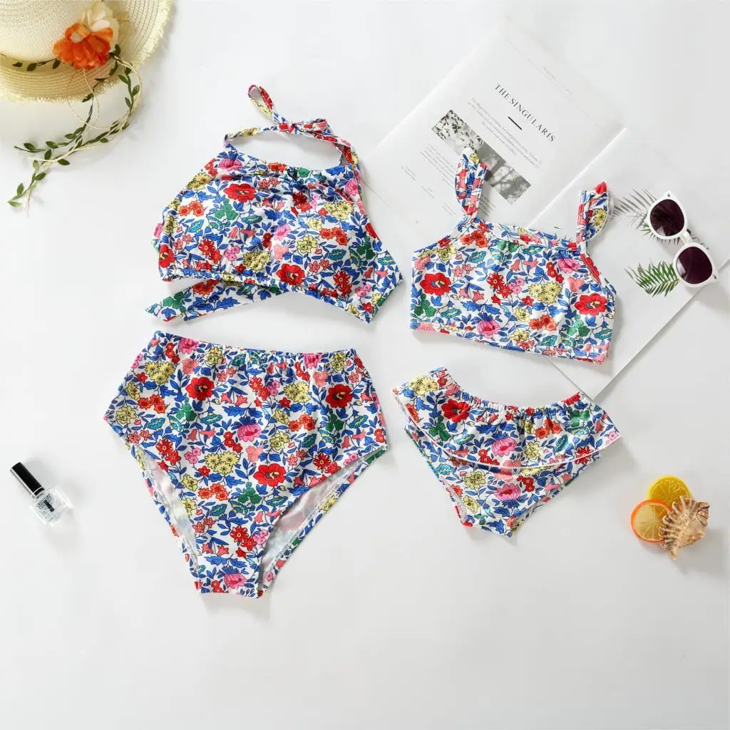

Floral Print Mother Daughter Swimsuits Mommy and Me Swimwear Family Matching Clothes Outfits Look High Waist Mom Mum Baby Bikini