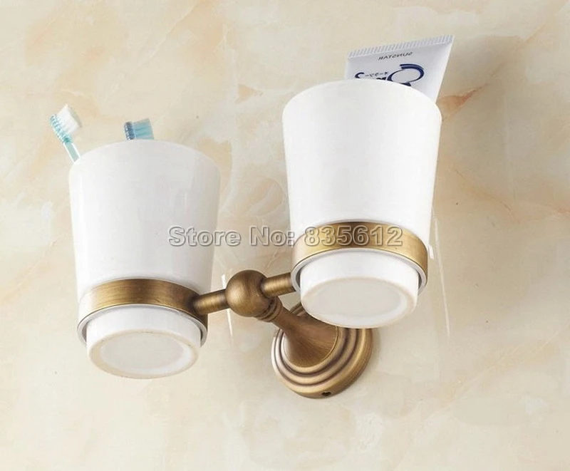 Antique Brass Toothbrush Holder with Two Ceramic Cups Wall Mounted Wba033a | Обустройство дома