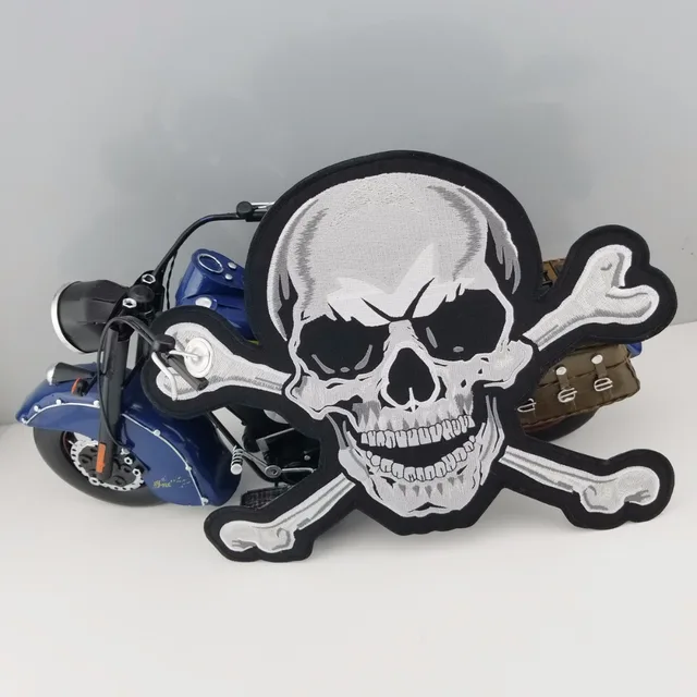 28CM Skull bones embroidery iron on patch for vest clothing application cool biker motorcycle patch 2