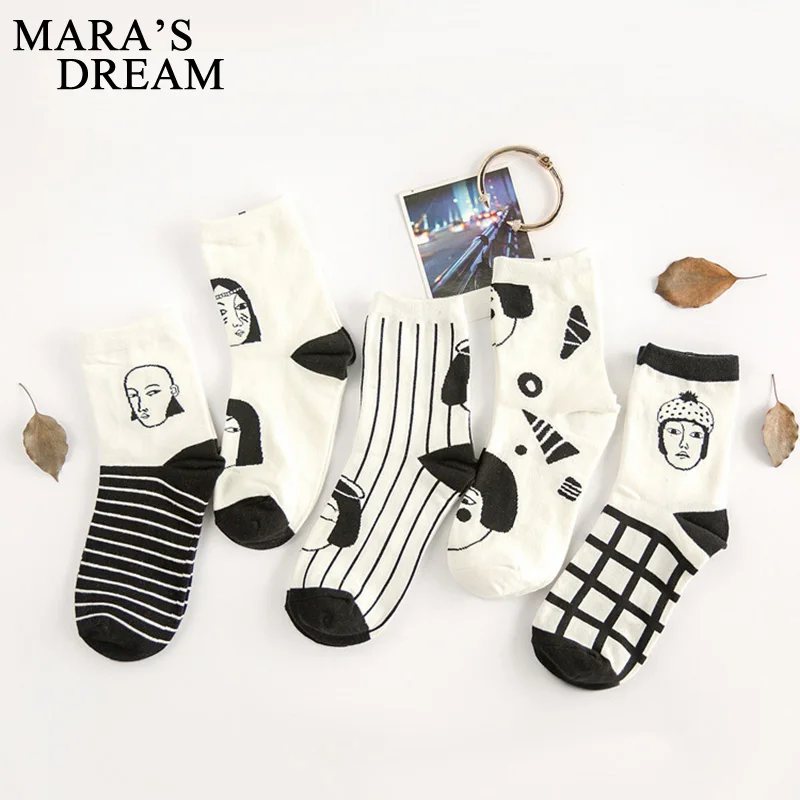 Image Mara s Dream 5pairs=10PCS lot woman character stripes portraits cotton socks for women korea black white plaid short socks