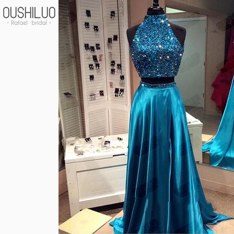 

Luxury Royal Blue Two Piece A Line Long Prom Dresses Gown With Heavy Crystal Rhinestone Top Satin Skirt Halter Celebrity Dress