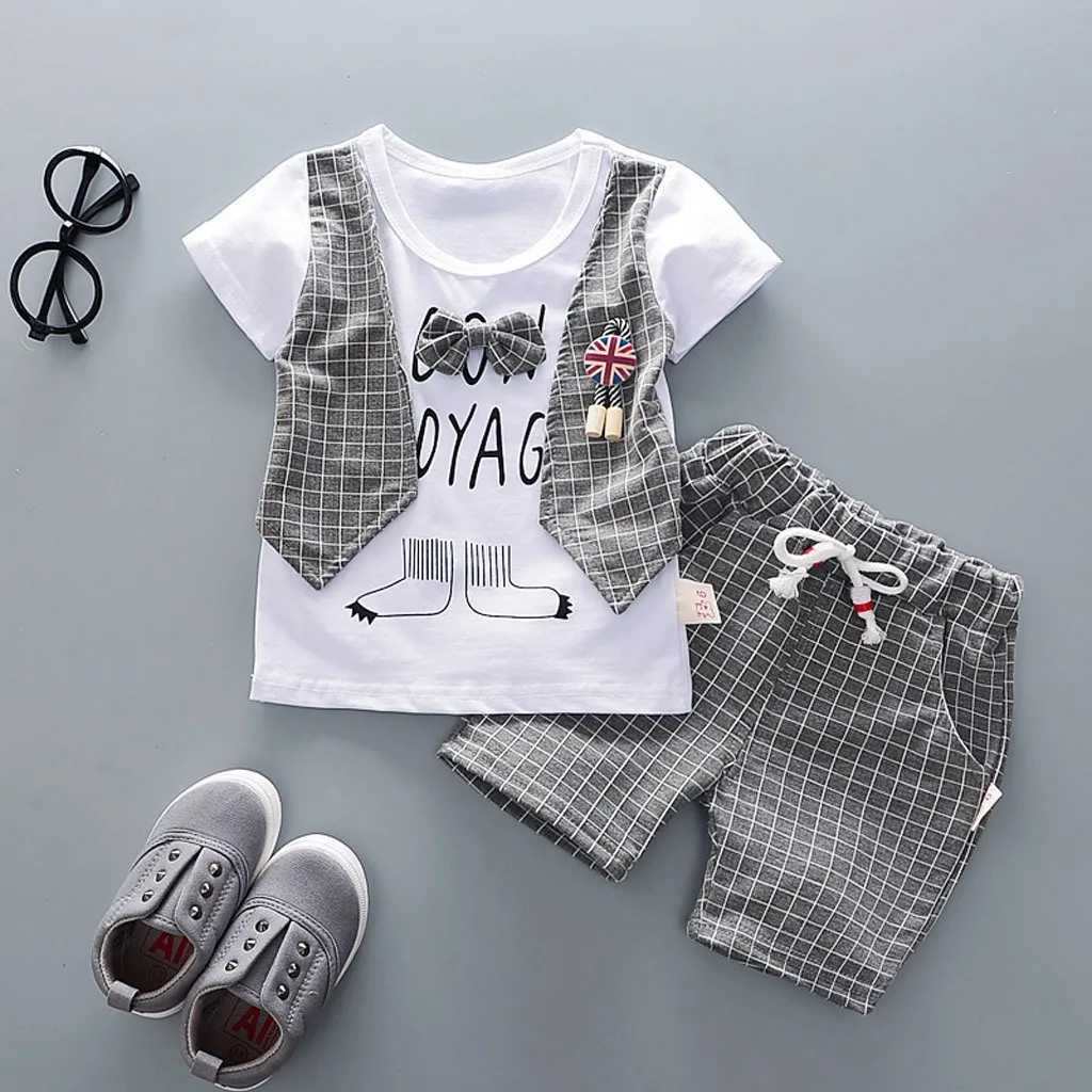 Летняя джентльменская футболка с бантом для маленьких мальчиков; Топ и шортики; комплект одежды для малышей; jongens L4 - Цвет: B