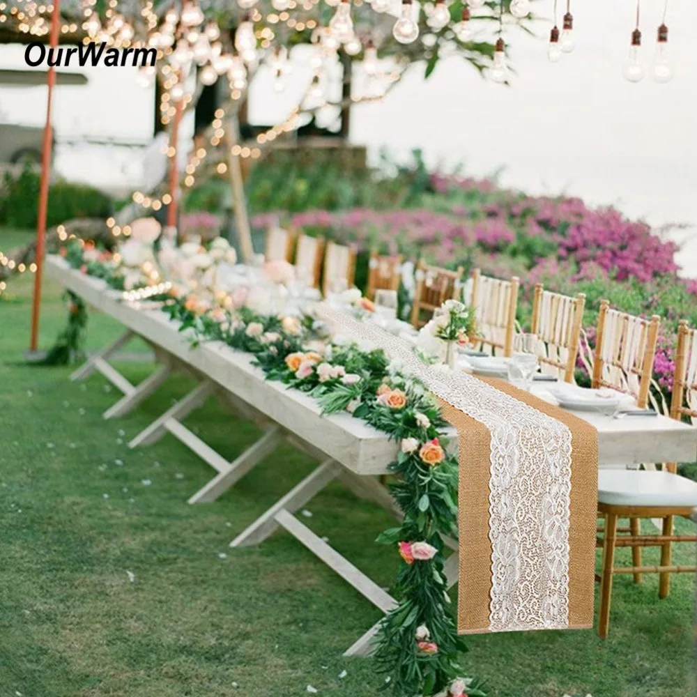 

OurWarm 10pcs Burlap Table Runner Event Party Supplies Home Textile Lace Wedding Decoration Rustic Towel Tea Set