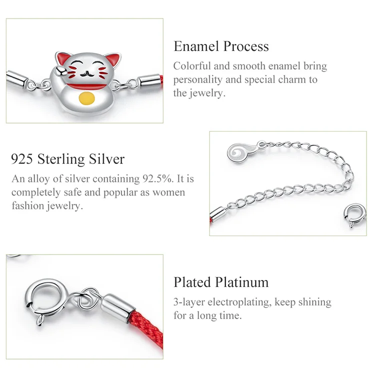 Браслет bamoer Lucky Cat для девочек, регулируемый браслет с Красной веревкой, браслеты с 925 пробы, серебряные ювелирные изделия BSB012