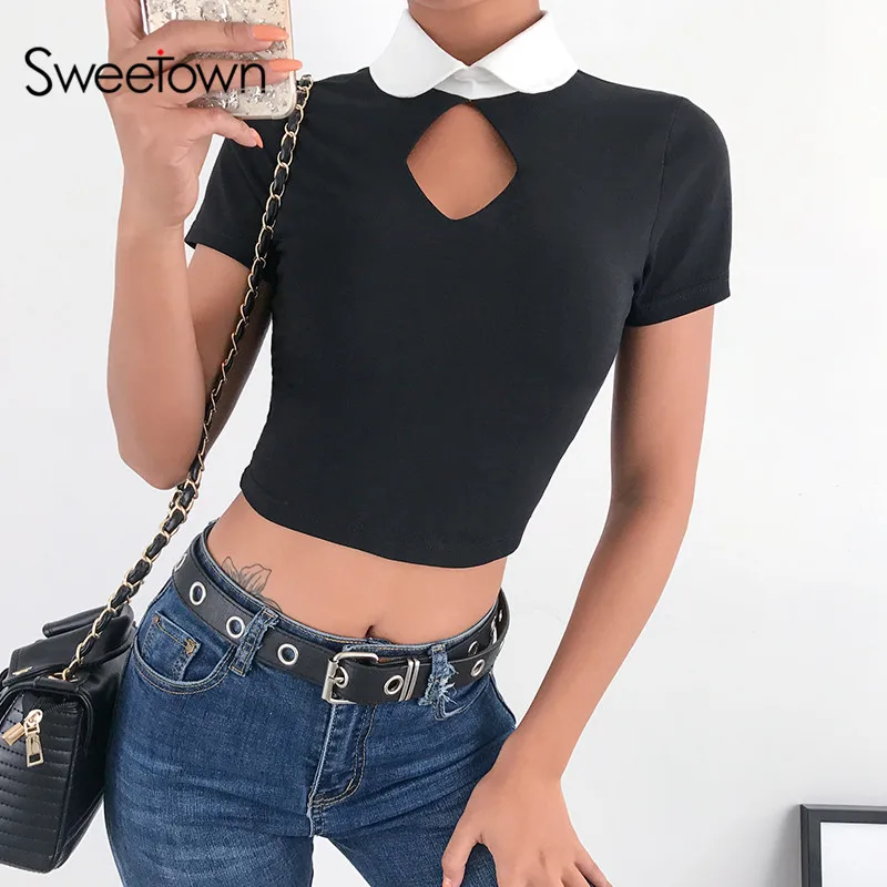 

Sweetown Black Summer 2019 Crop T-Shirt Sexy Slim Fit Short Sleeve Crop T Shirt Women Hollow Out Ladies Turn-Down Collar Tee