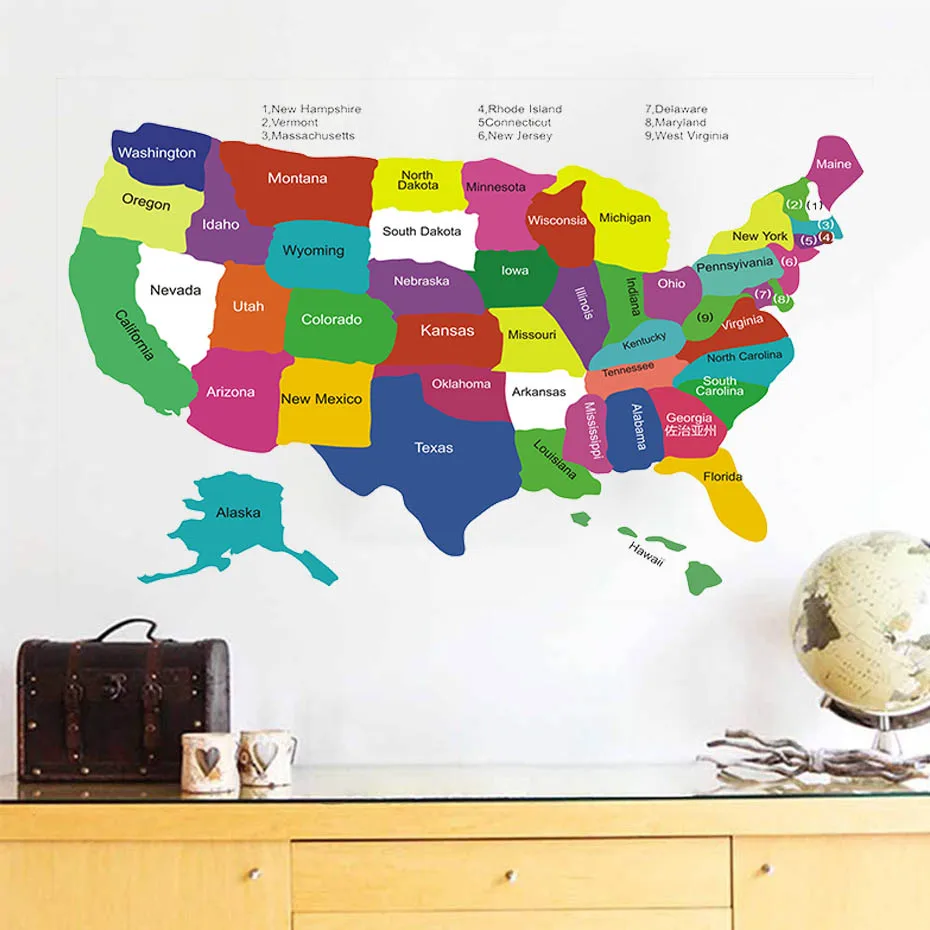 Color World American Map Wall Art Decals Removable Wallpaper For Fridge Home Decor Vinyl Wall Sticker For Office Study Bedroom  (3)