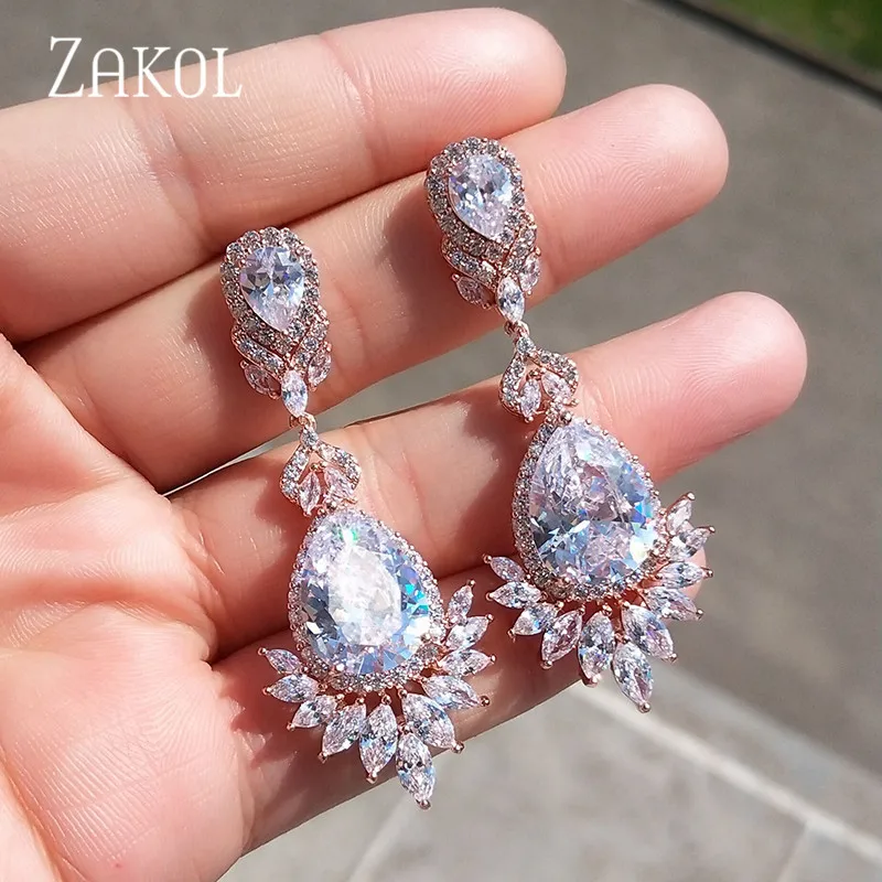 ZAKOL Top Quality Cubic Zirconia Rose Gold Color Big Long Dangle Drop Bridal Wedding Earrings Jewelry For Women FSEP021 ZAKOL Top Quality Cubic Zirconia Rose Gold Color Big Long Dangle Drop Bridal Wedding Earrings Jewelry For Women FSEP021