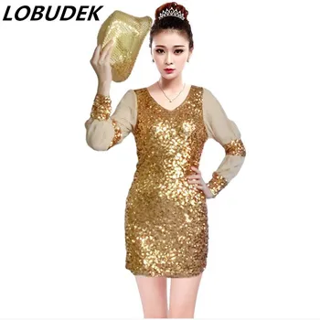

2015 Costume female paillette dress long-sleeve dress fox modern costumes party clothes sexy lady show red blue gold party
