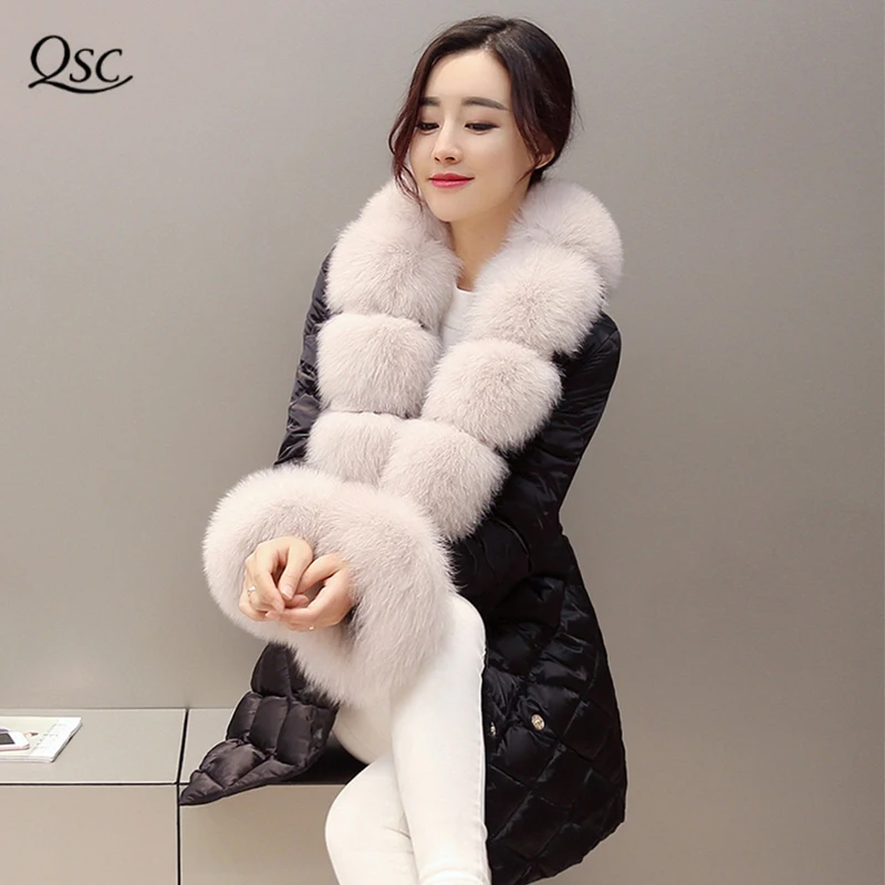 Winter Coats Women 2018 New Luxury Real Fox Fur Collar Big Jacket Long Thick Winter Coat Slim Black Duck Down Jacket Women Parka