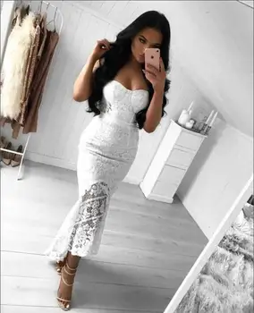 

Women Fashion Sexy Strapless Lace Trumpet Fishtail White Black Rayon Bandage Dress 2017 Celebrity Party Dresses