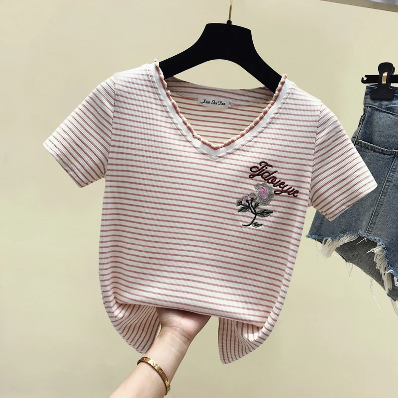 

2019 Summer New Women's T-shirt Korean Fashion Personality Casual Striped Flower Embroidery Female Tshirts V-Neck Short Tops