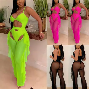 

2PCS/SET Sexy Women Mesh Perspective Solid Sleeveless Bodycon Club Bodysuit+Ruffled Long Elastic Trousers Hollow Out Pants Set