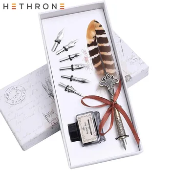 

Hethrone Vintage Fountain Pen Feather Writing Quill Dip Calligraphy Pen Set with6 Nibs for Calligraphy Beginner feather gift pen