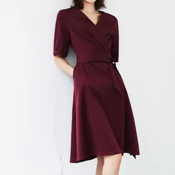 

Elegant Burgundy Party Dress Women V-neck Short-sleeved High Waist Dress A-line Hepburn Style Vintage Dress Tunic Midi Dresses